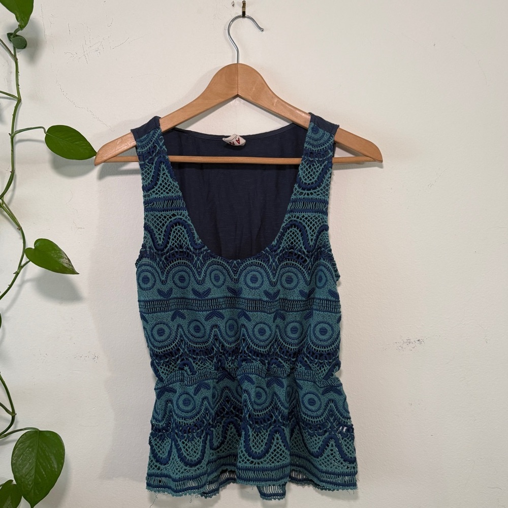 DOLAN - Sleeveless Embroidered Navy Blue and Teal Geometric Pattern Ruffle Top